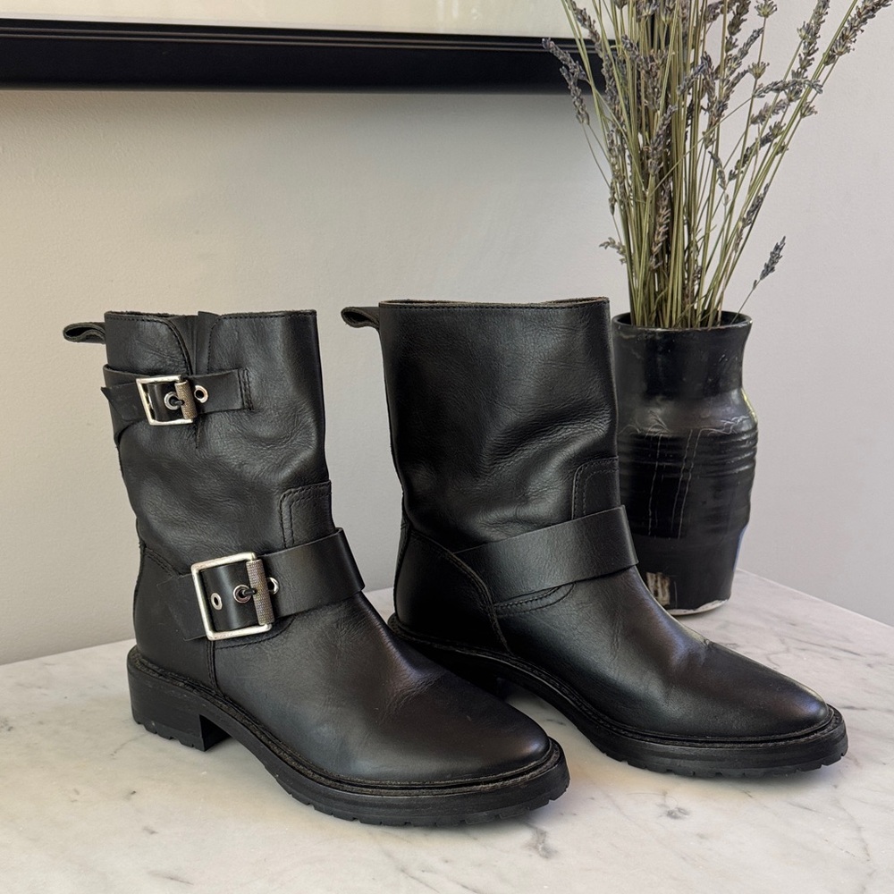 Black Leather Buckle Mid-Calf Boots - Women